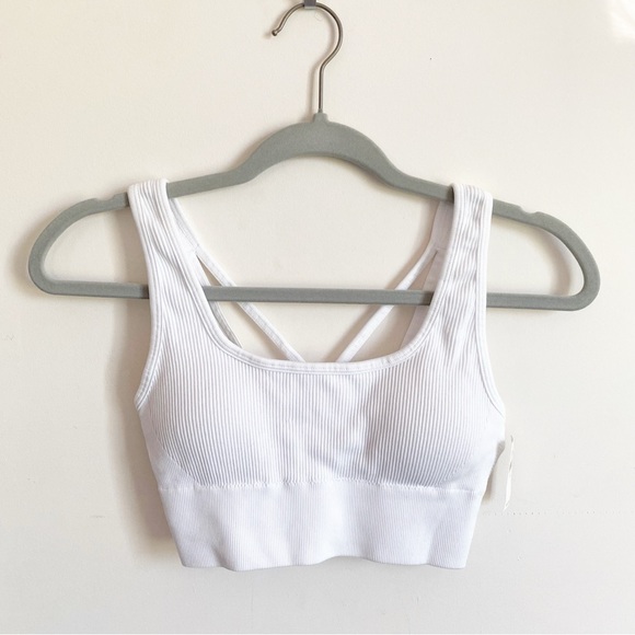 NWT Aerie Seamless Square Neck Ribbed Longline Bralette Sports Bra White Medium - Picture 1 of 12